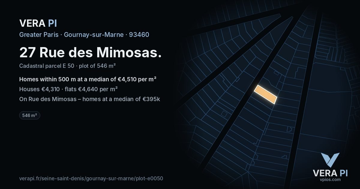 27 Rue des Mimosas, Gournay-sur-Marne at night – the plot lit, the parcels around coloured by the prices near them