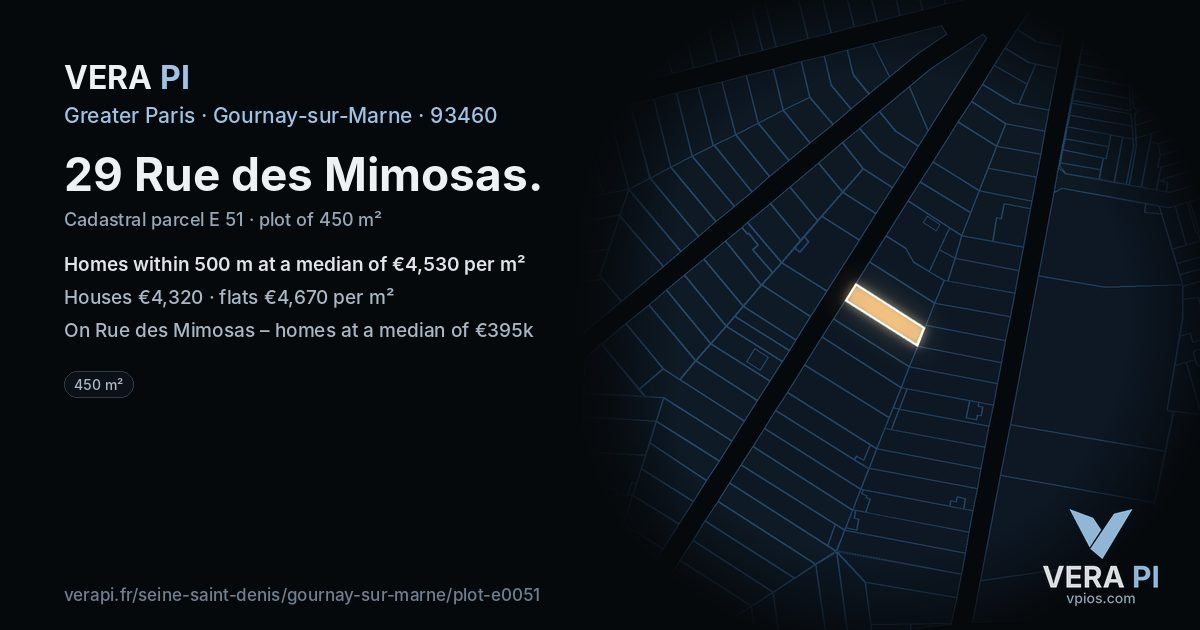 29 Rue des Mimosas, Gournay-sur-Marne at night – the plot lit, the parcels around coloured by the prices near them
