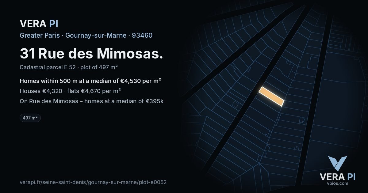 31 Rue des Mimosas, Gournay-sur-Marne at night – the plot lit, the parcels around coloured by the prices near them