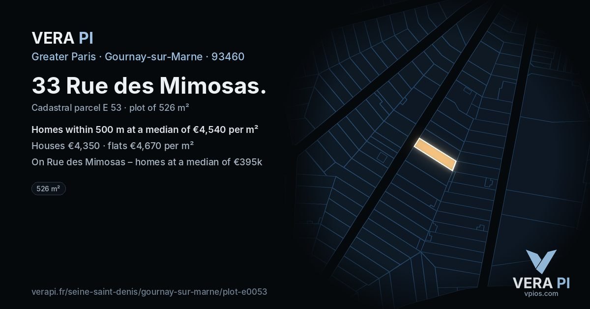 33 Rue des Mimosas, Gournay-sur-Marne at night – the plot lit, the parcels around coloured by the prices near them