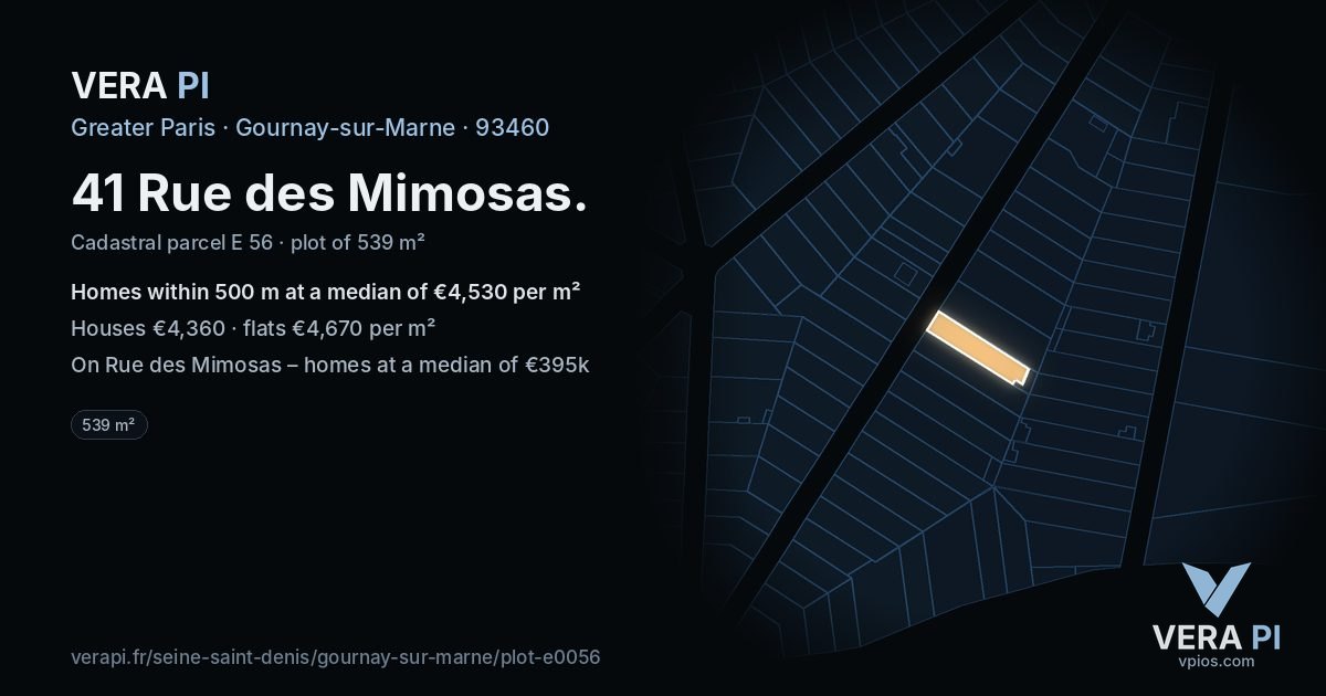 41 Rue des Mimosas, Gournay-sur-Marne at night – the plot lit, the parcels around coloured by the prices near them