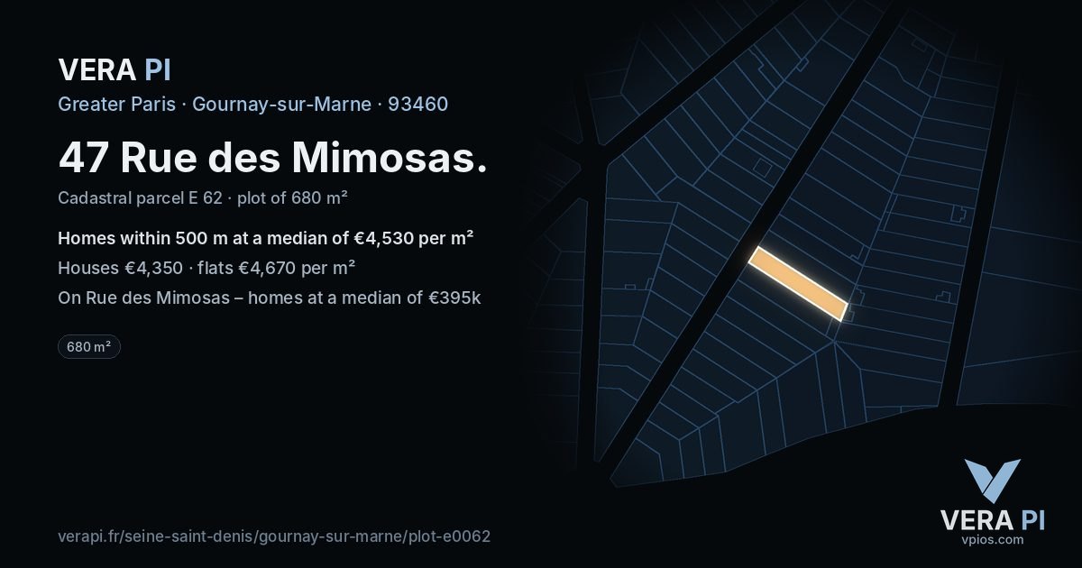 47 Rue des Mimosas, Gournay-sur-Marne at night – the plot lit, the parcels around coloured by the prices near them
