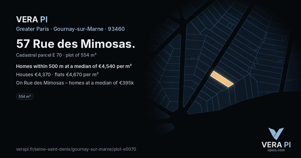 57 Rue des Mimosas, Gournay-sur-Marne at night – the plot lit, the parcels around coloured by the prices near them