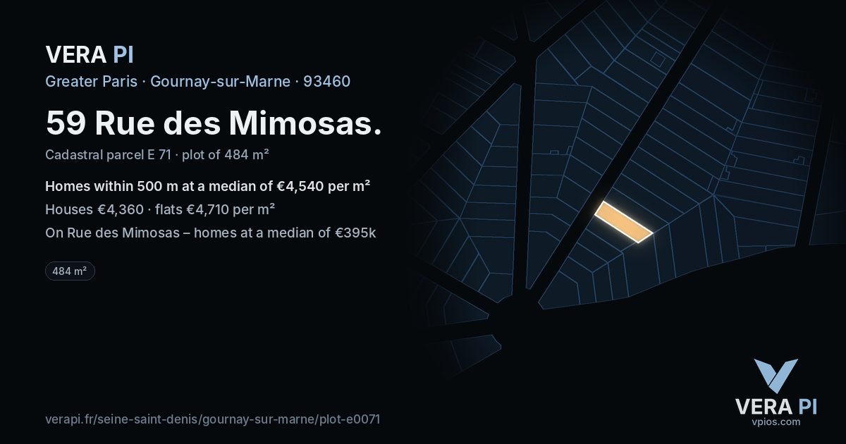 59 Rue des Mimosas, Gournay-sur-Marne at night – the plot lit, the parcels around coloured by the prices near them