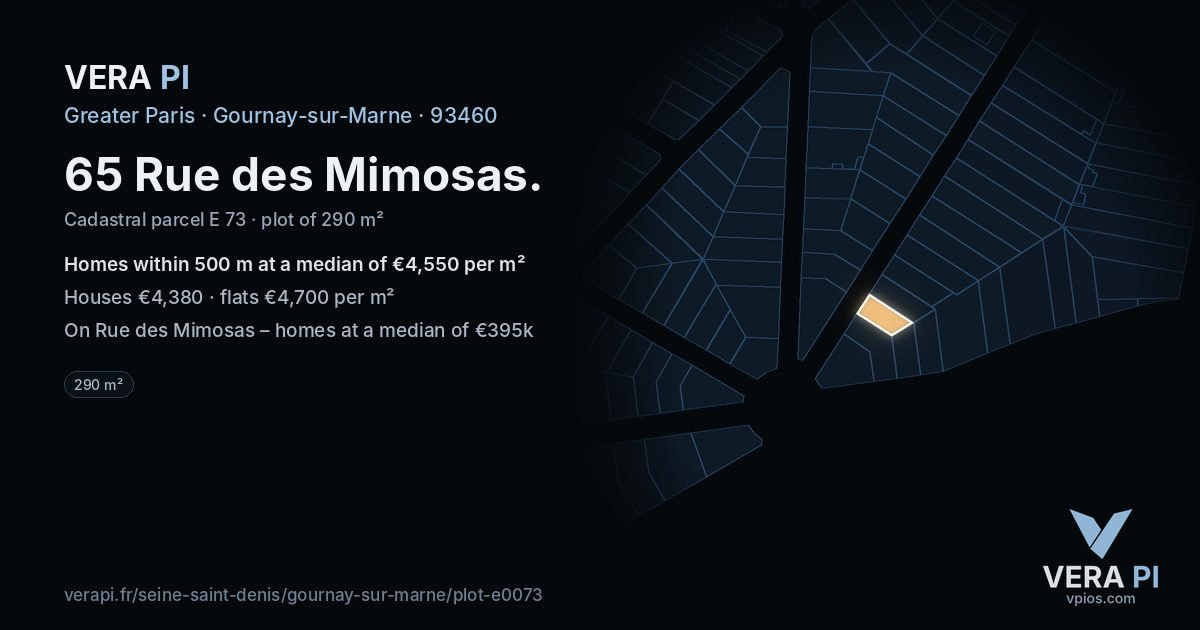 65 Rue des Mimosas, Gournay-sur-Marne at night – the plot lit, the parcels around coloured by the prices near them