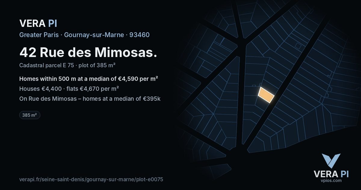 42 Rue des Mimosas, Gournay-sur-Marne at night – the plot lit, the parcels around coloured by the prices near them
