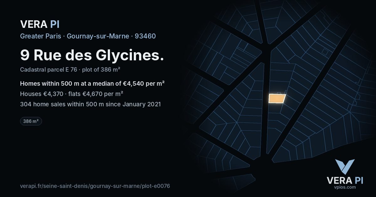 9 Rue des Glycines, Gournay-sur-Marne at night – the plot lit, the parcels around coloured by the prices near them