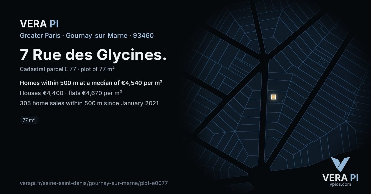 7 Rue des Glycines, Gournay-sur-Marne at night – the plot lit, the parcels around coloured by the prices near them