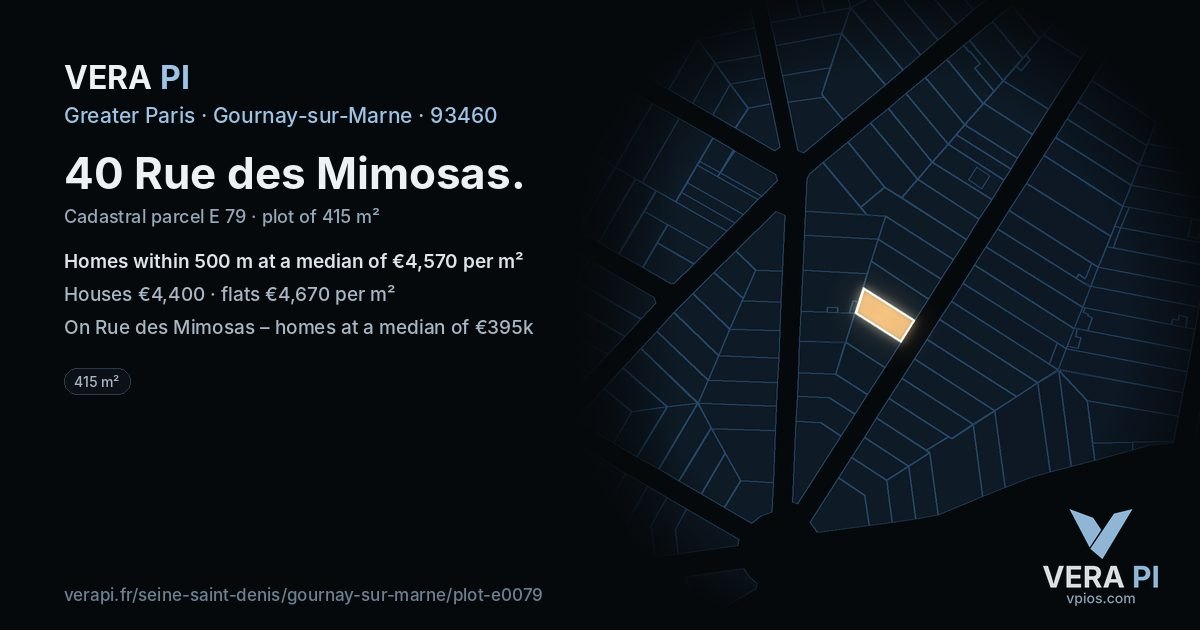40 Rue des Mimosas, Gournay-sur-Marne at night – the plot lit, the parcels around coloured by the prices near them
