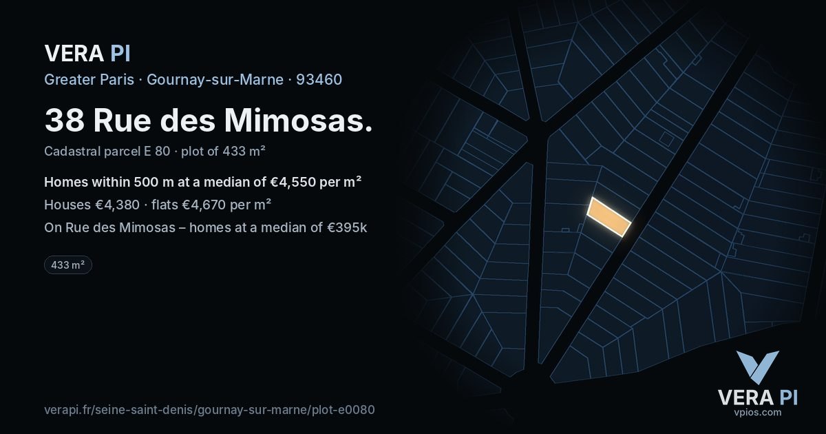 38 Rue des Mimosas, Gournay-sur-Marne at night – the plot lit, the parcels around coloured by the prices near them