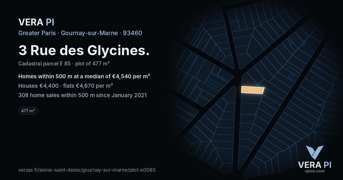 3 Rue des Glycines, Gournay-sur-Marne at night – the plot lit, the parcels around coloured by the prices near them