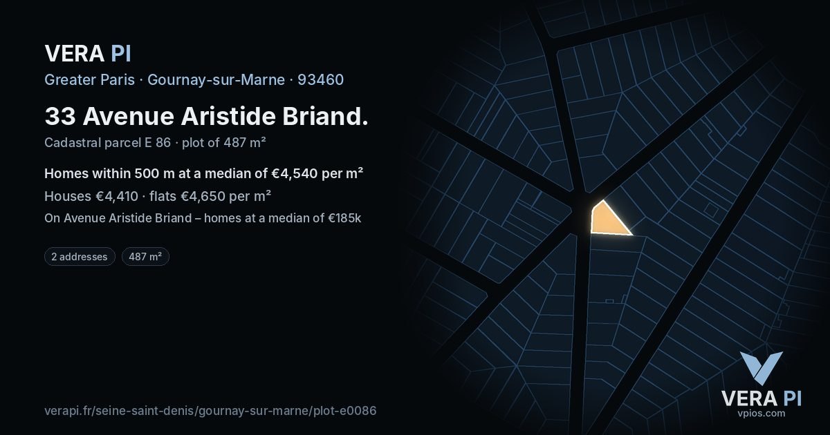 33 Avenue Aristide Briand, Gournay-sur-Marne at night – the plot lit, the parcels around coloured by the prices near them