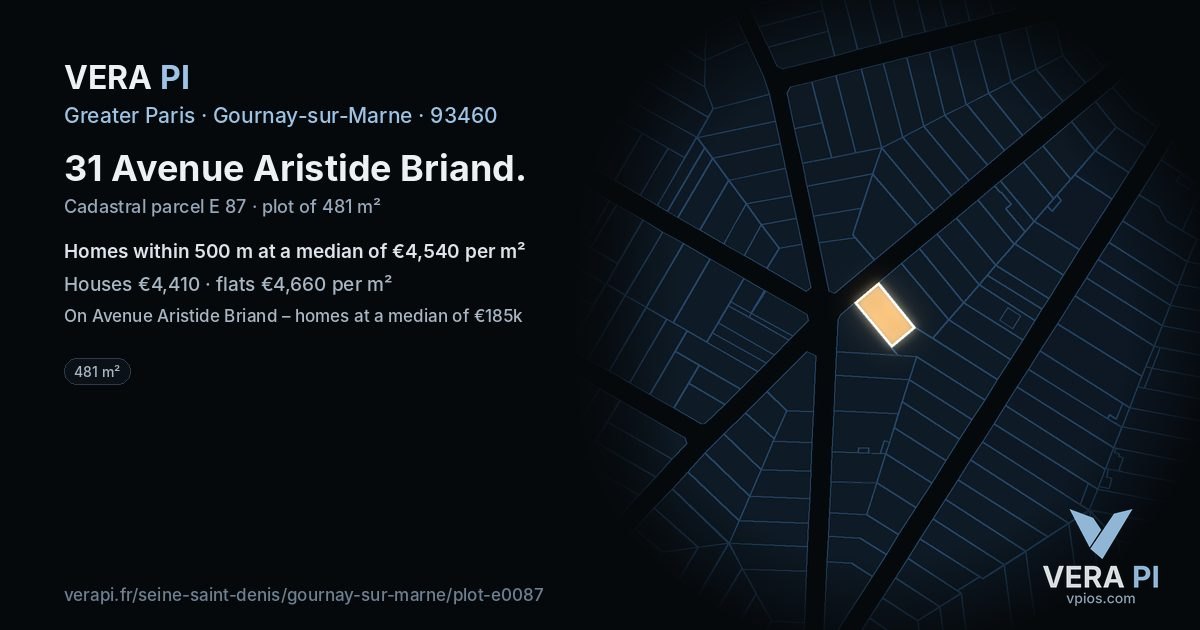 31 Avenue Aristide Briand, Gournay-sur-Marne at night – the plot lit, the parcels around coloured by the prices near them