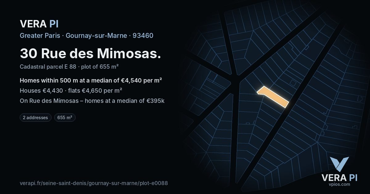 30 Rue des Mimosas, Gournay-sur-Marne at night – the plot lit, the parcels around coloured by the prices near them