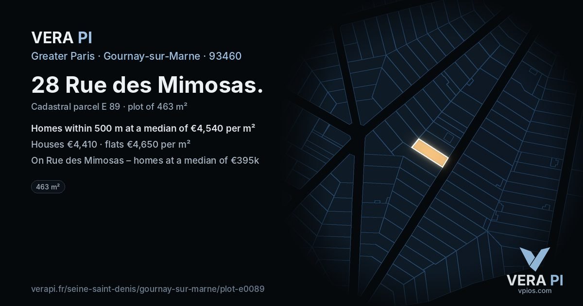 28 Rue des Mimosas, Gournay-sur-Marne at night – the plot lit, the parcels around coloured by the prices near them