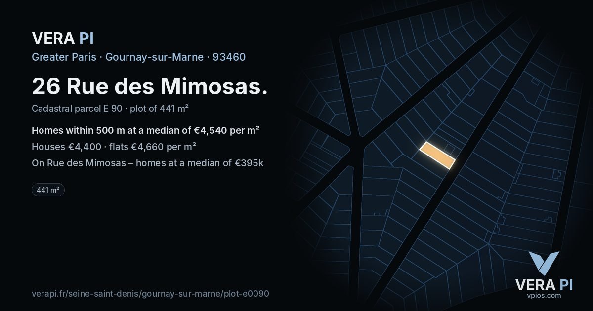 26 Rue des Mimosas, Gournay-sur-Marne at night – the plot lit, the parcels around coloured by the prices near them