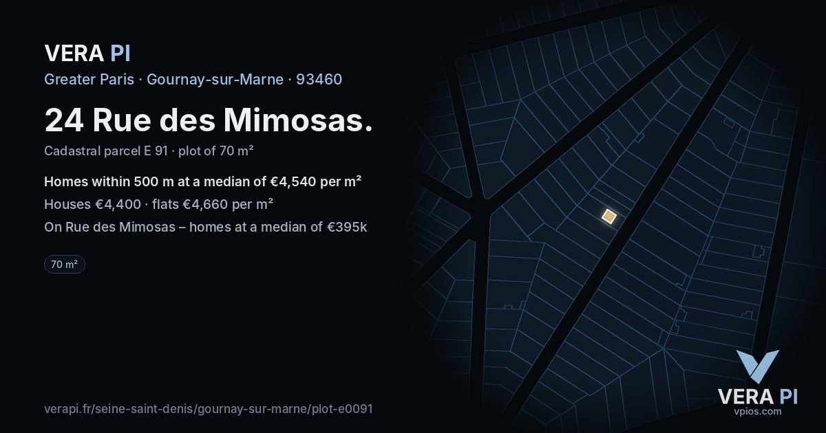 24 Rue des Mimosas, Gournay-sur-Marne at night – the plot lit, the parcels around coloured by the prices near them