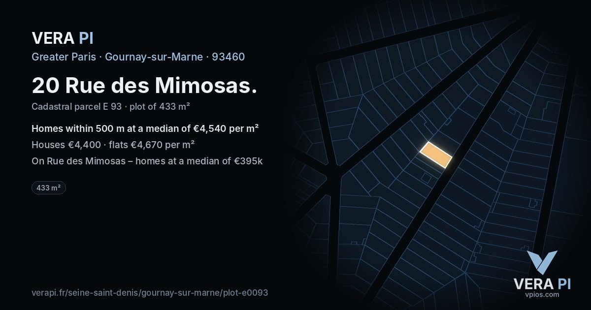 20 Rue des Mimosas, Gournay-sur-Marne at night – the plot lit, the parcels around coloured by the prices near them