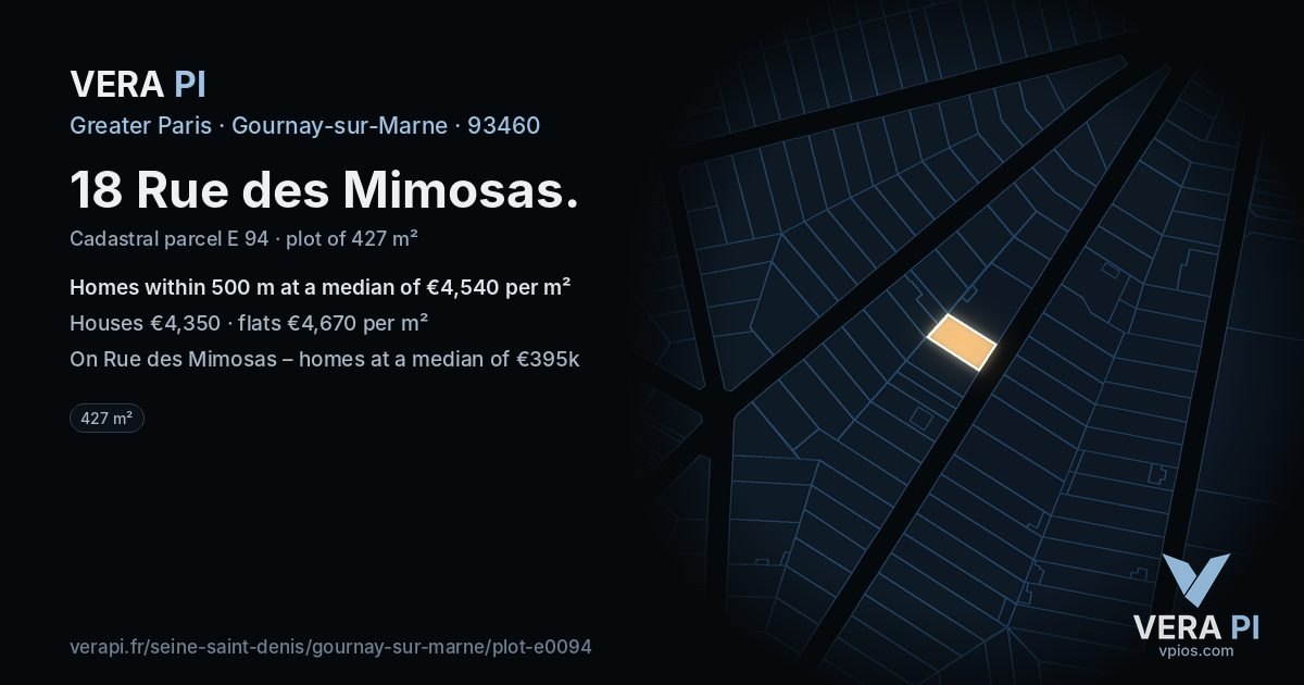18 Rue des Mimosas, Gournay-sur-Marne at night – the plot lit, the parcels around coloured by the prices near them