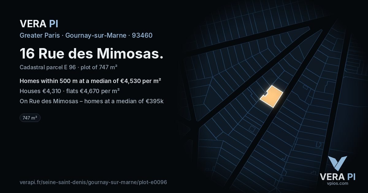 16 Rue des Mimosas, Gournay-sur-Marne at night – the plot lit, the parcels around coloured by the prices near them
