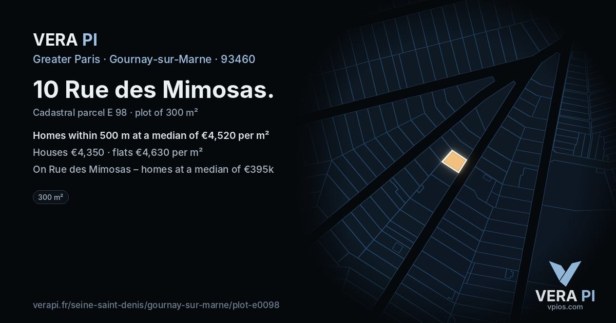 10 Rue des Mimosas, Gournay-sur-Marne at night – the plot lit, the parcels around coloured by the prices near them