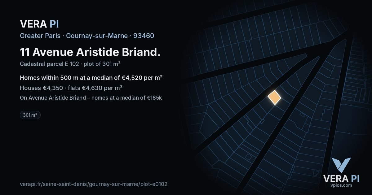 11 Avenue Aristide Briand, Gournay-sur-Marne at night – the plot lit, the parcels around coloured by the prices near them