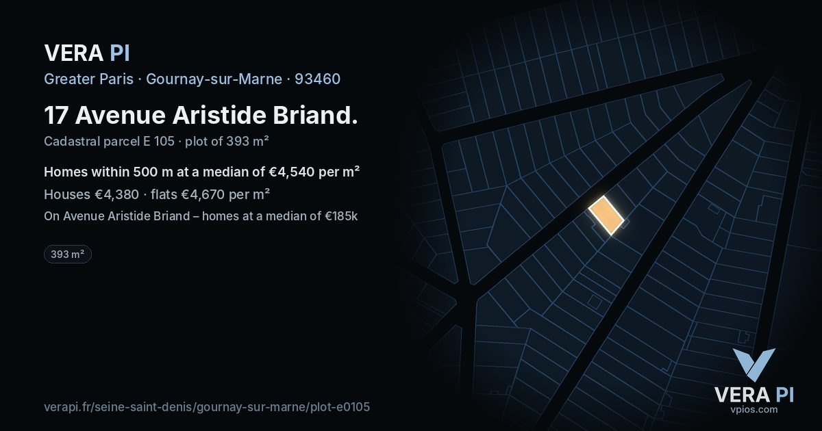17 Avenue Aristide Briand, Gournay-sur-Marne at night – the plot lit, the parcels around coloured by the prices near them