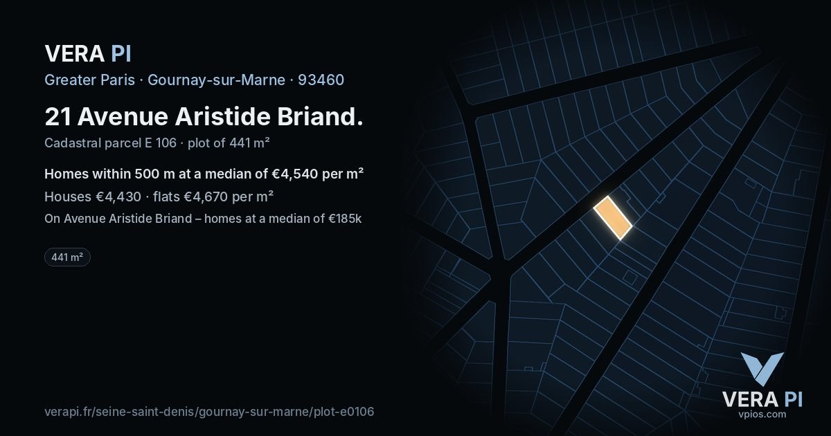 21 Avenue Aristide Briand, Gournay-sur-Marne at night – the plot lit, the parcels around coloured by the prices near them