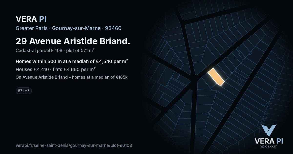 29 Avenue Aristide Briand, Gournay-sur-Marne at night – the plot lit, the parcels around coloured by the prices near them