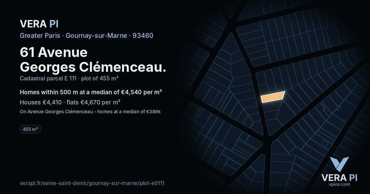 61 Avenue Georges Clémenceau, Gournay-sur-Marne at night – the plot lit, the parcels around coloured by the prices near them
