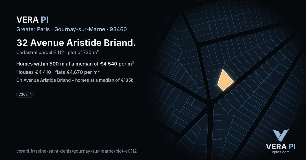 32 Avenue Aristide Briand, Gournay-sur-Marne at night – the plot lit, the parcels around coloured by the prices near them