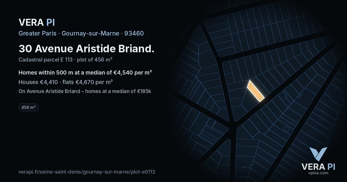 30 Avenue Aristide Briand, Gournay-sur-Marne at night – the plot lit, the parcels around coloured by the prices near them