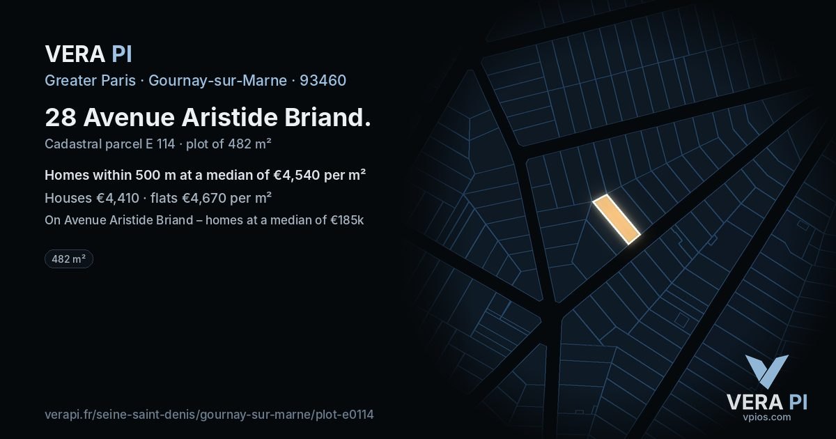 28 Avenue Aristide Briand, Gournay-sur-Marne at night – the plot lit, the parcels around coloured by the prices near them