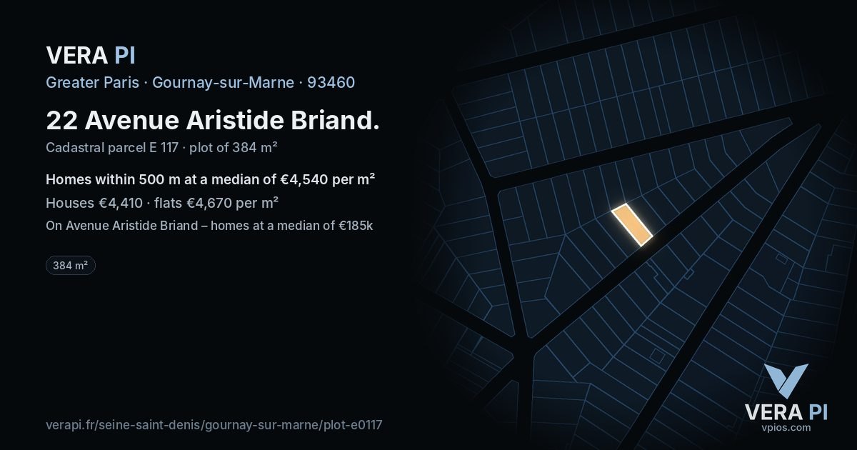 22 Avenue Aristide Briand, Gournay-sur-Marne at night – the plot lit, the parcels around coloured by the prices near them