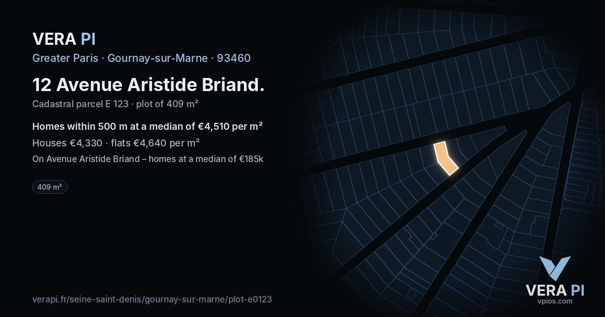 12 Avenue Aristide Briand, Gournay-sur-Marne at night – the plot lit, the parcels around coloured by the prices near them