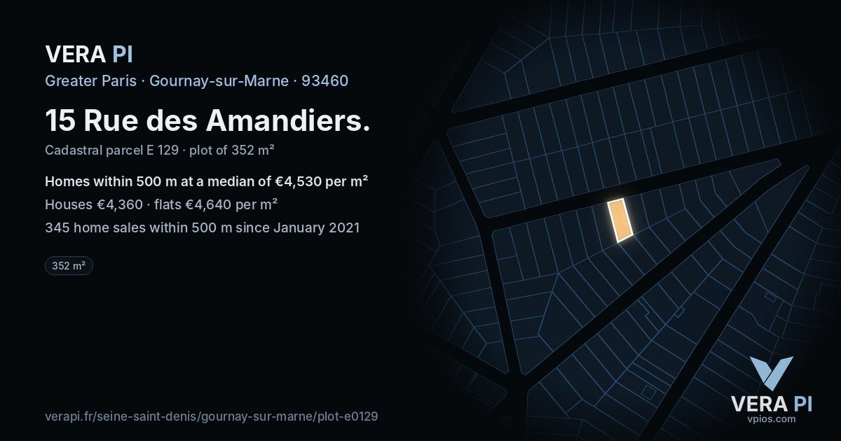 15 Rue des Amandiers, Gournay-sur-Marne at night – the plot lit, the parcels around coloured by the prices near them