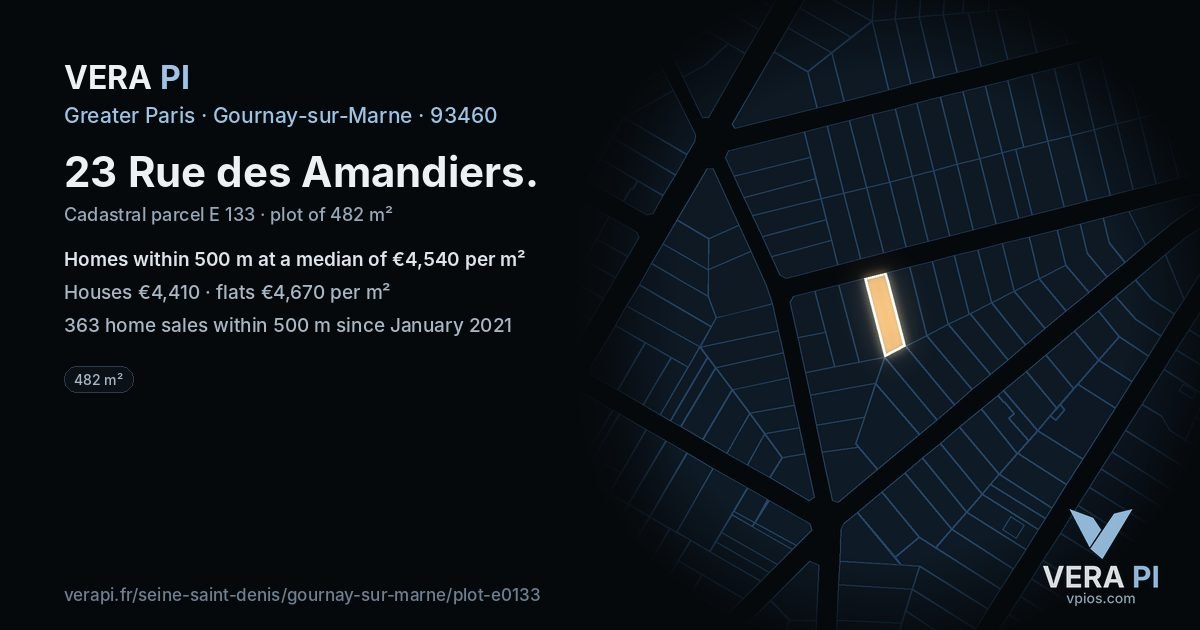 23 Rue des Amandiers, Gournay-sur-Marne at night – the plot lit, the parcels around coloured by the prices near them