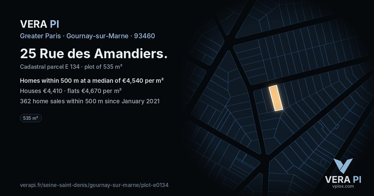 25 Rue des Amandiers, Gournay-sur-Marne at night – the plot lit, the parcels around coloured by the prices near them