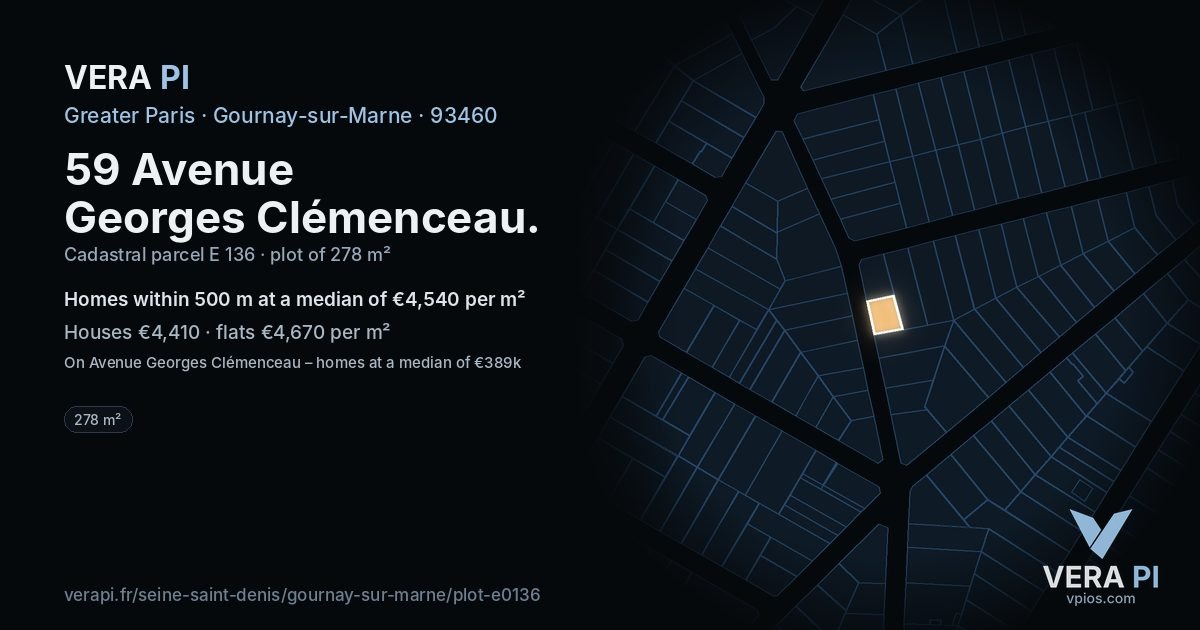 59 Avenue Georges Clémenceau, Gournay-sur-Marne at night – the plot lit, the parcels around coloured by the prices near them
