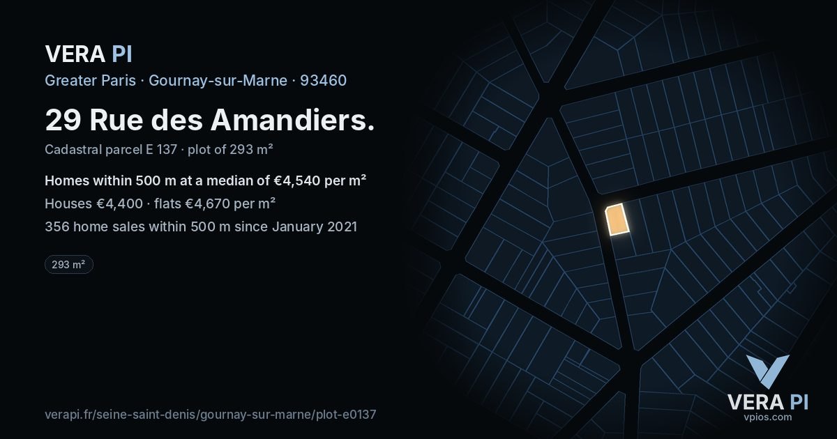 29 Rue des Amandiers, Gournay-sur-Marne at night – the plot lit, the parcels around coloured by the prices near them