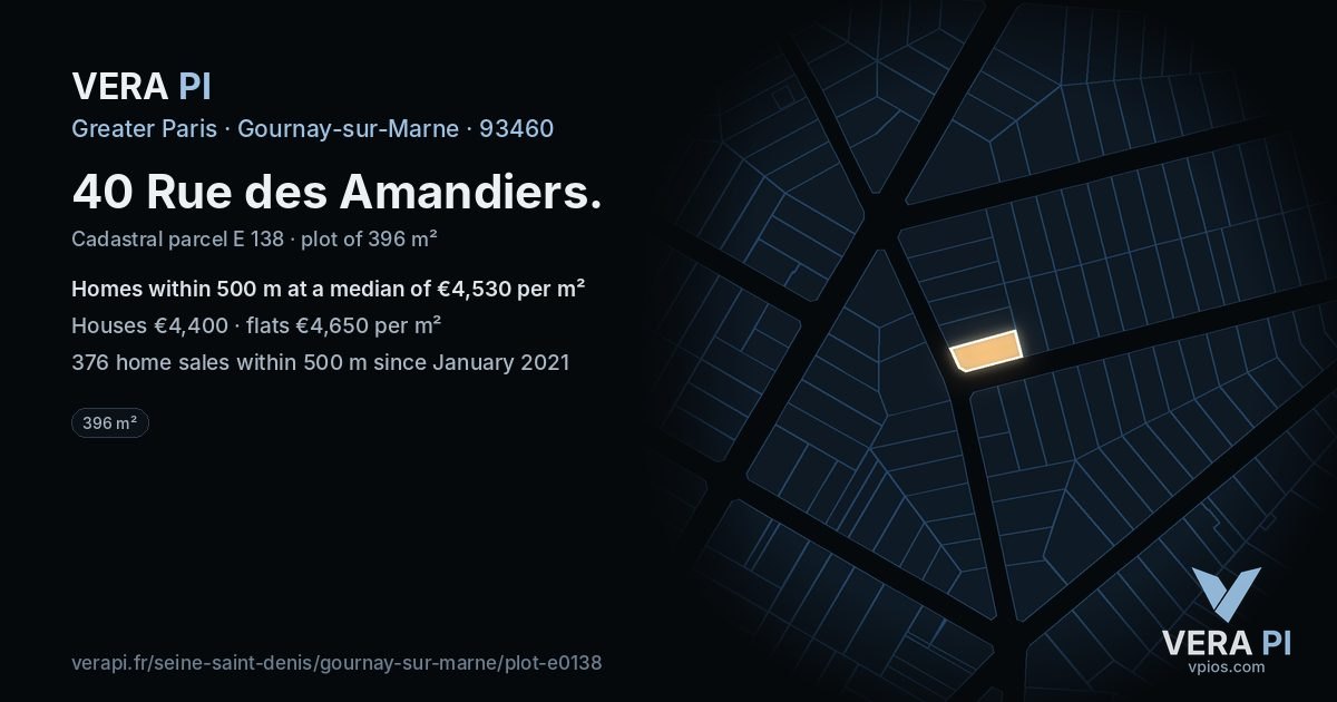 40 Rue des Amandiers, Gournay-sur-Marne at night – the plot lit, the parcels around coloured by the prices near them