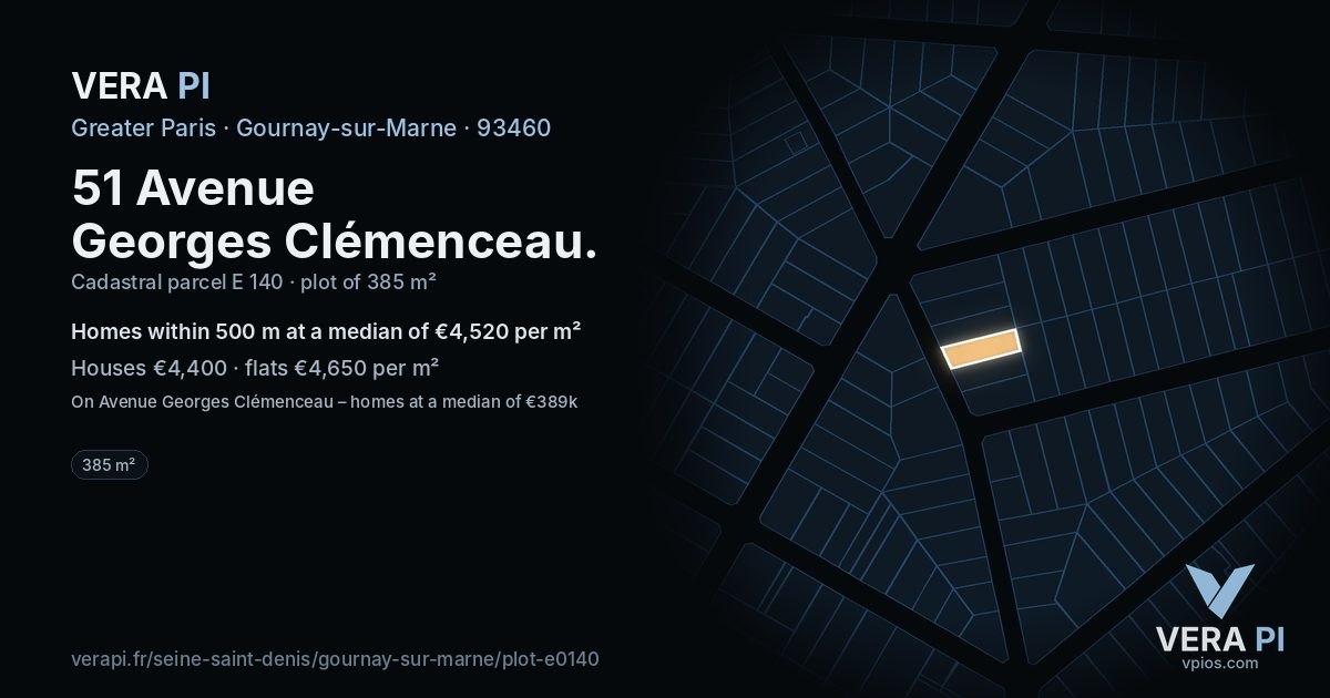 51 Avenue Georges Clémenceau, Gournay-sur-Marne at night – the plot lit, the parcels around coloured by the prices near them