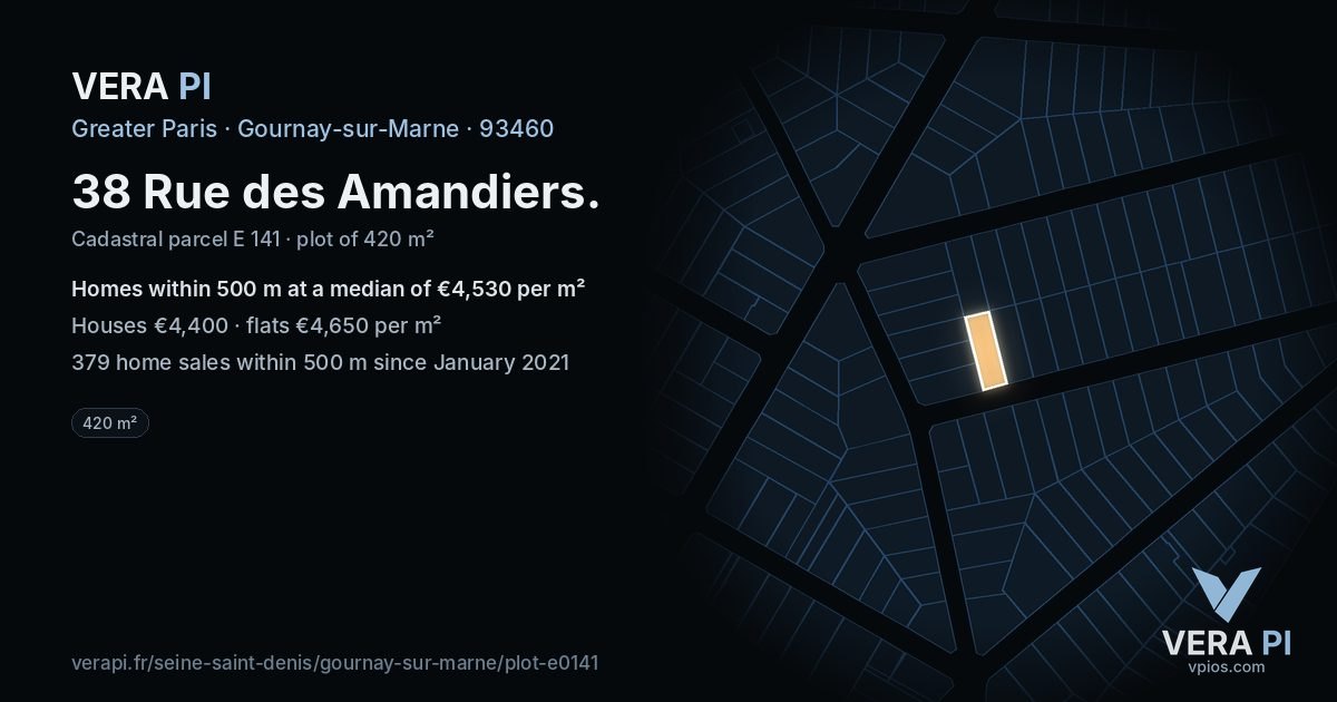 38 Rue des Amandiers, Gournay-sur-Marne at night – the plot lit, the parcels around coloured by the prices near them