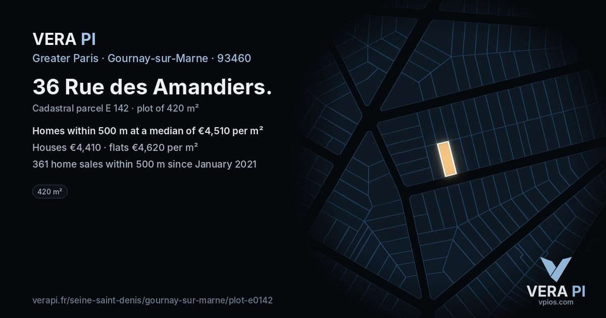 36 Rue des Amandiers, Gournay-sur-Marne at night – the plot lit, the parcels around coloured by the prices near them