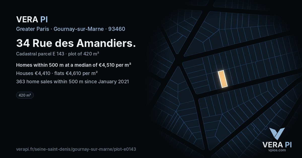 34 Rue des Amandiers, Gournay-sur-Marne at night – the plot lit, the parcels around coloured by the prices near them