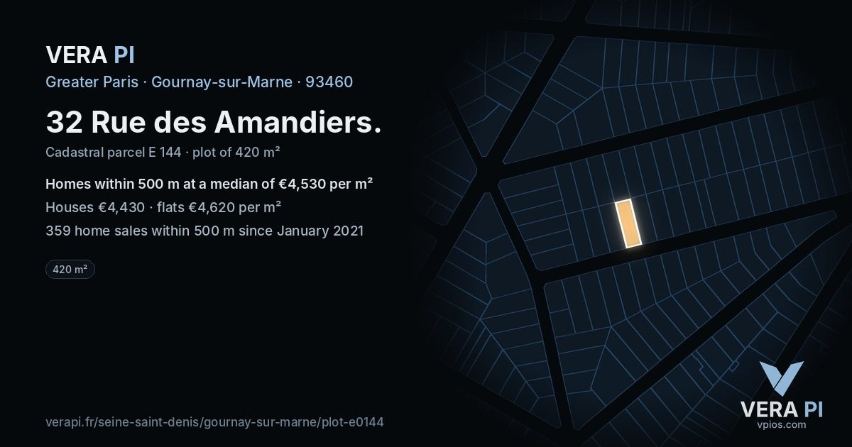 32 Rue des Amandiers, Gournay-sur-Marne at night – the plot lit, the parcels around coloured by the prices near them