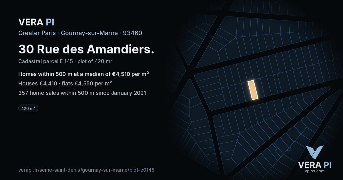 30 Rue des Amandiers, Gournay-sur-Marne at night – the plot lit, the parcels around coloured by the prices near them