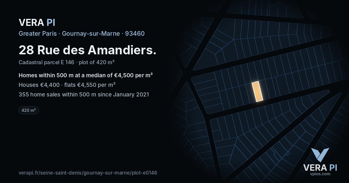 28 Rue des Amandiers, Gournay-sur-Marne at night – the plot lit, the parcels around coloured by the prices near them