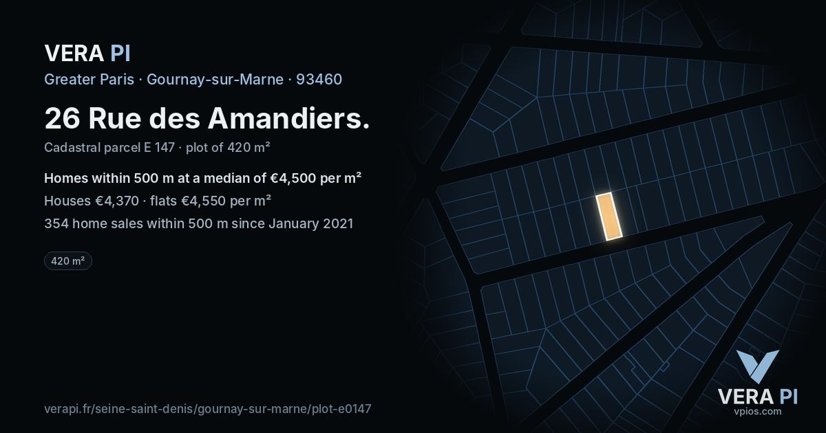 26 Rue des Amandiers, Gournay-sur-Marne at night – the plot lit, the parcels around coloured by the prices near them
