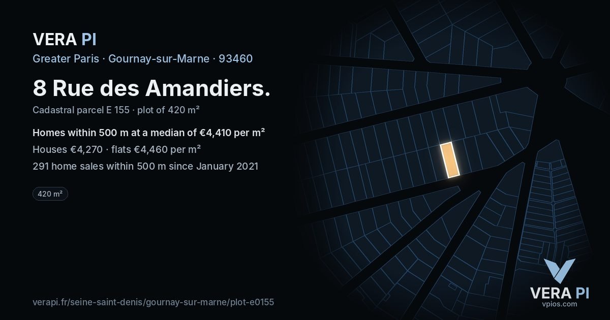 8 Rue des Amandiers, Gournay-sur-Marne at night – the plot lit, the parcels around coloured by the prices near them
